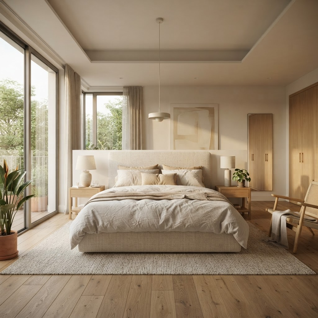 Modern master bedroom featuring a Borex Zisper upholstered platform bed